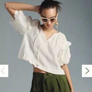 Anthropologie Self Contrast Smocked Linen Blouse